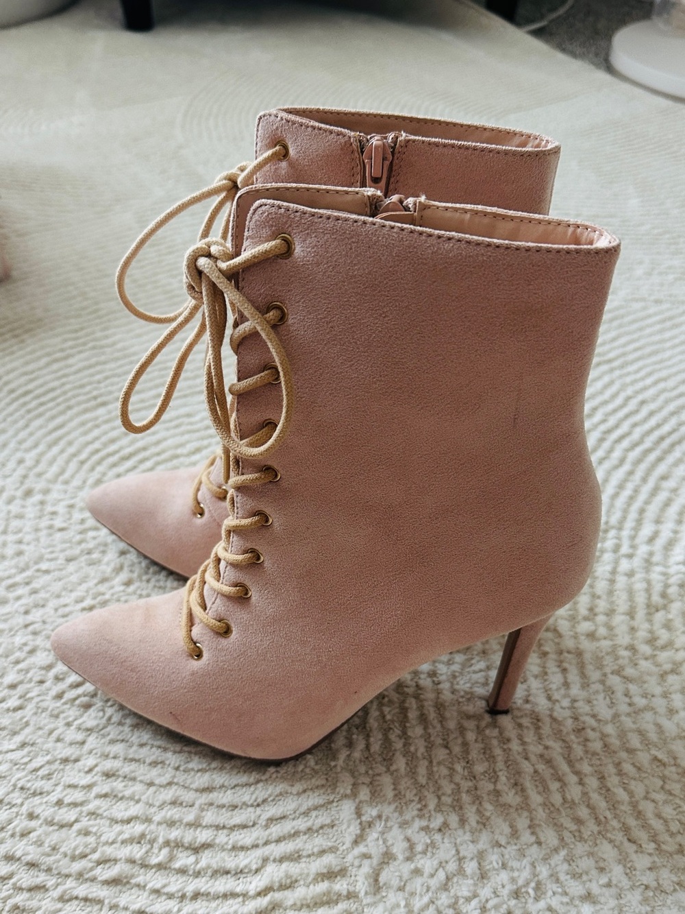 Blush Pink Lace-Up Pointed Toe Stiletto Suede-look Ankle Boots